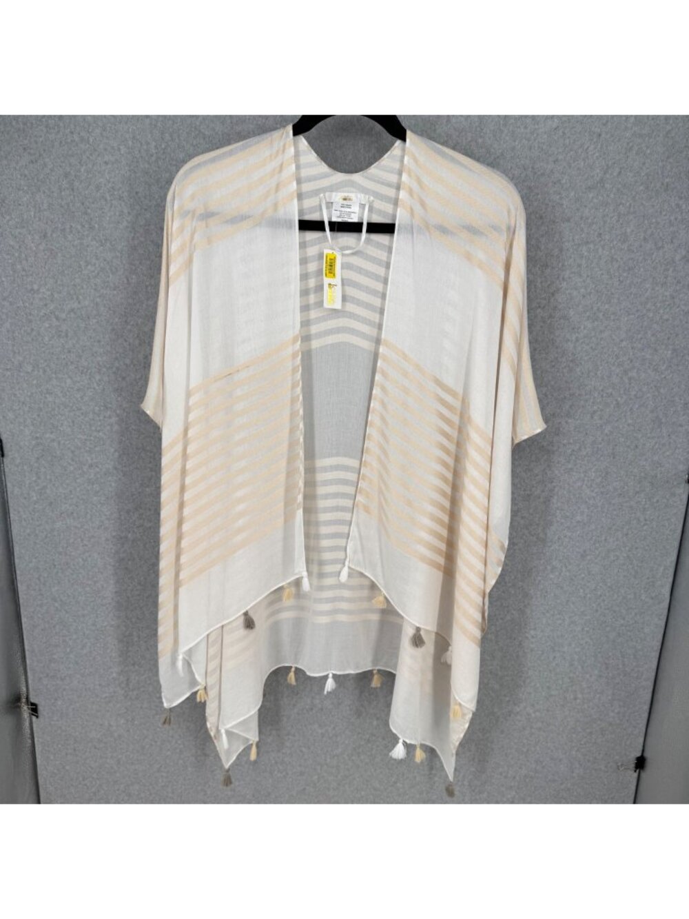 Kate Landry Womens Wrap Kimono OS White Tan Sand Striped Casual Beach Tassel NEW